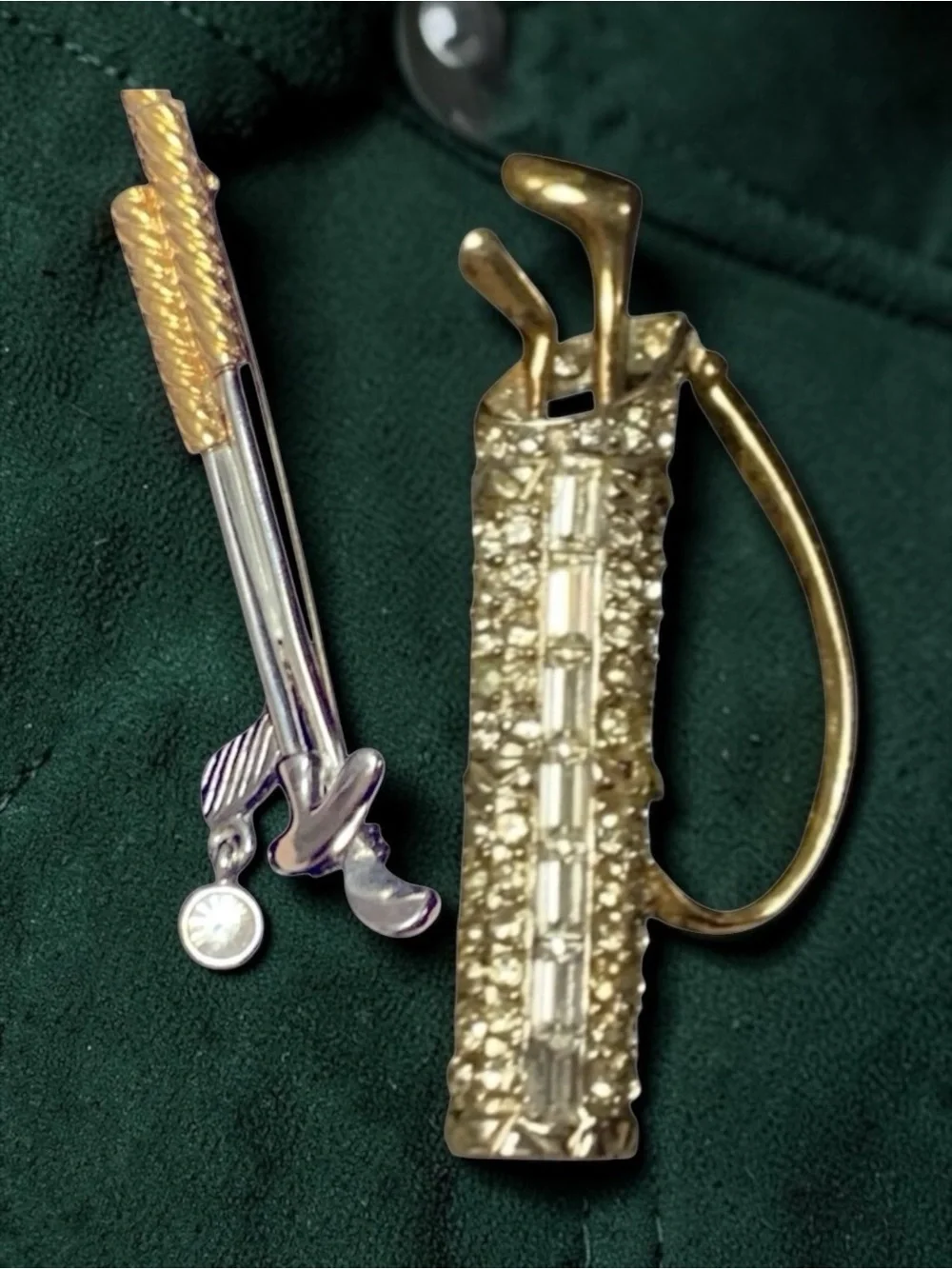 Set of Golf Clubs & Club bag Gold Tone Crystal Rhinestone Gem  2.25” Brooches